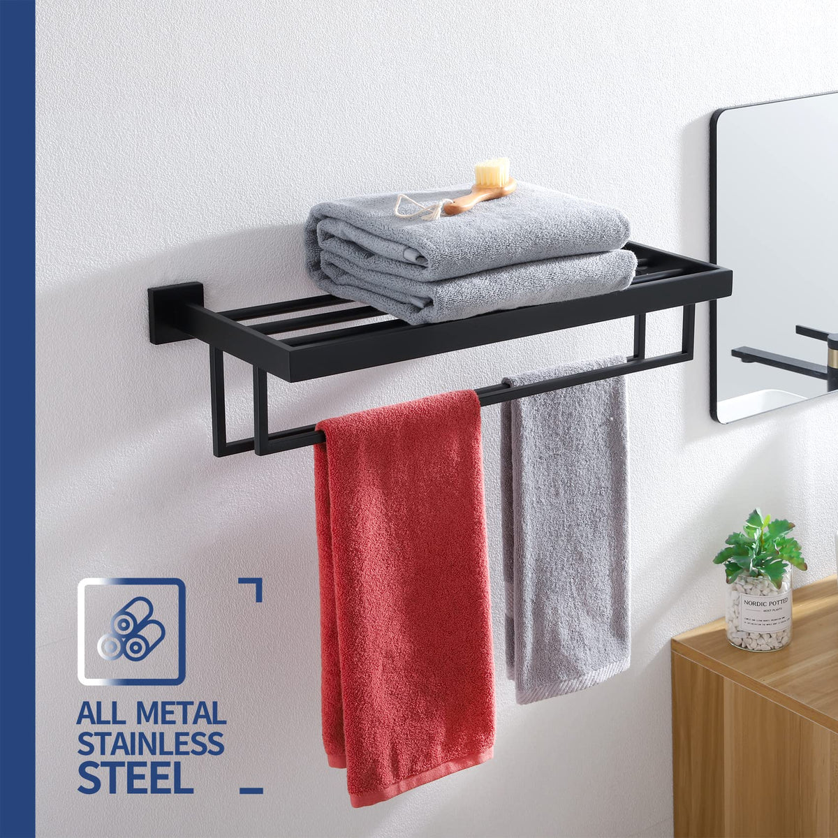 KOKOSIRI Matte Black Towel Rack 24'' Bathroom Towel Shelf with Double Towel Bars SUS304 Stainless Steel Wall Mounted, B6003BK