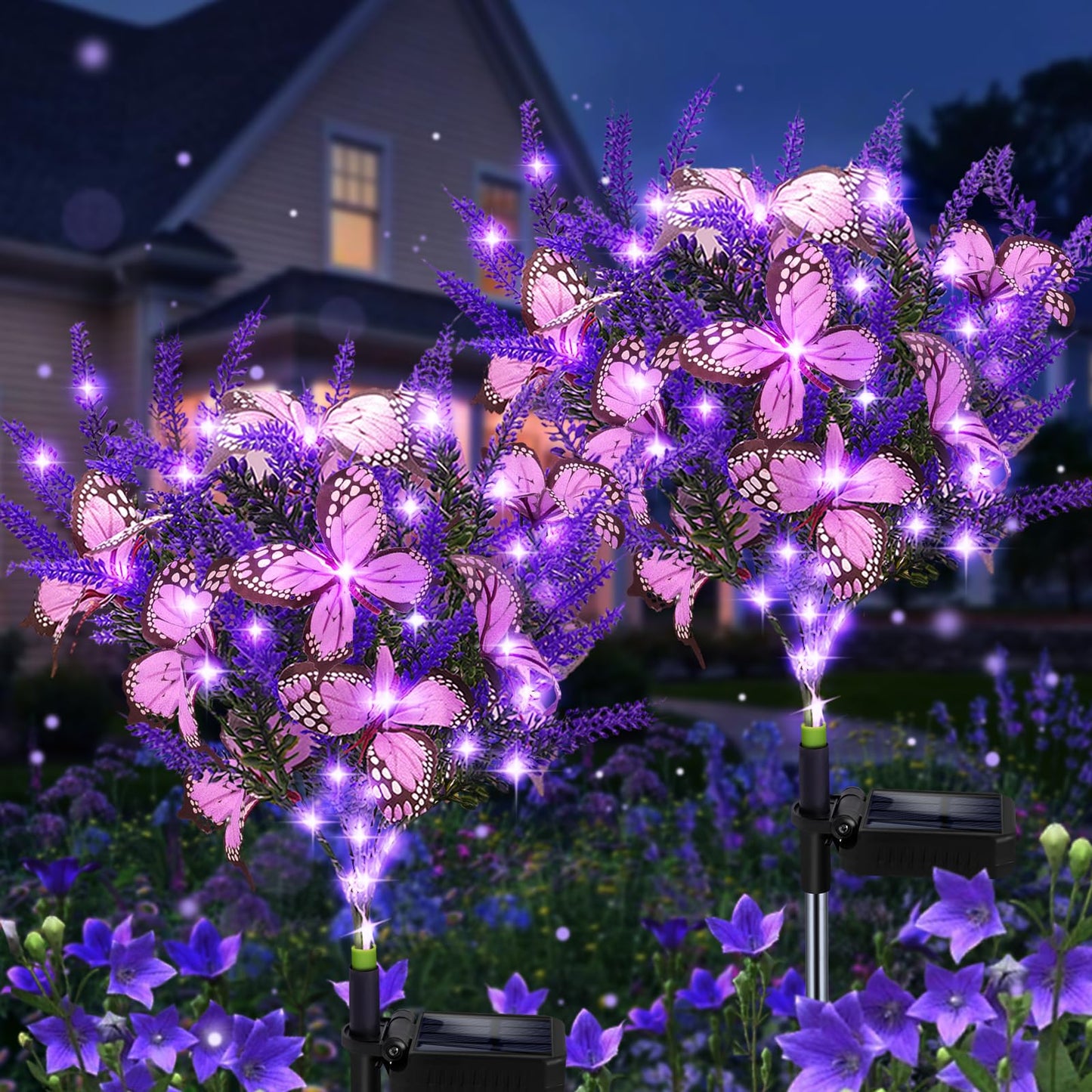 Solar Garden Lights Outdoor, 2 Pack Solar Butterfly Lights Purple Lavender Gardening Gifts for Women, Artificial Flower with Butterfly Purple Garden Decor for Lawn Patio