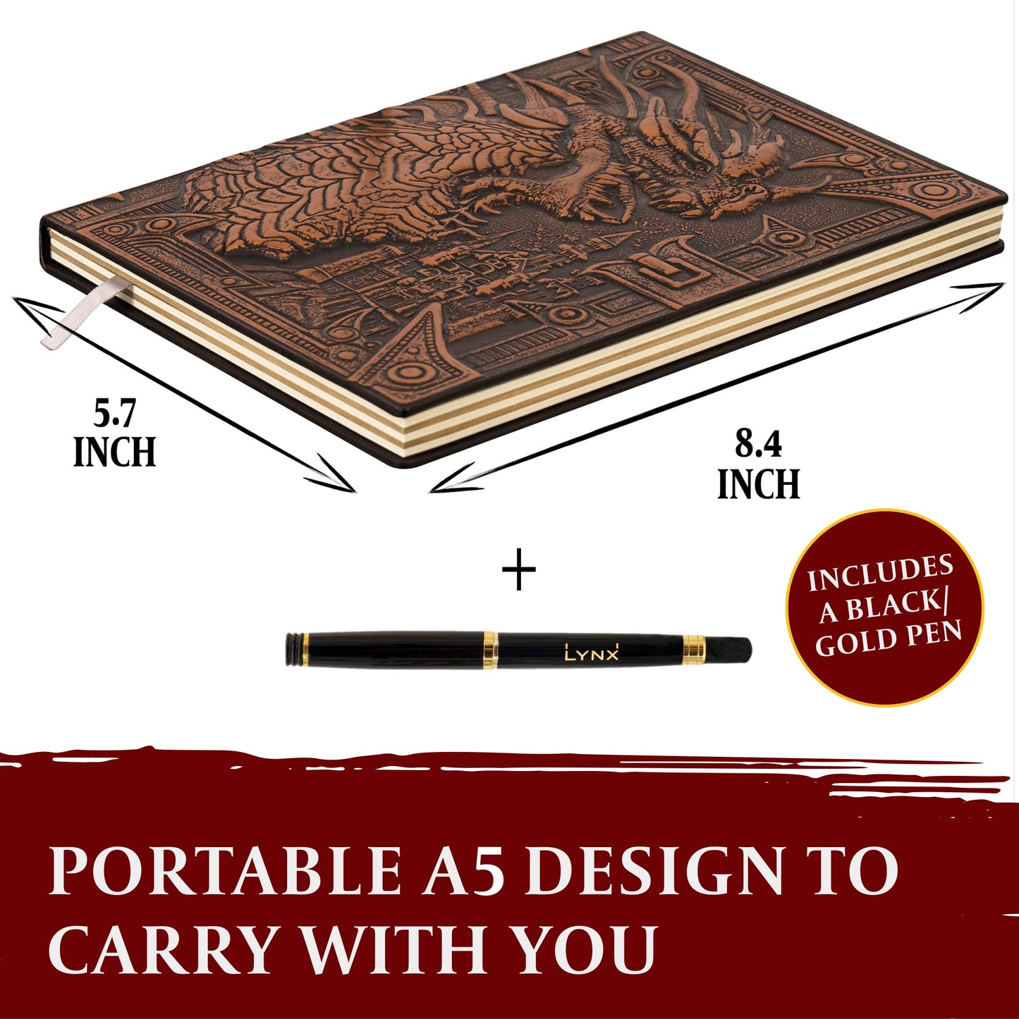 DND Notebook / Journal, Unique 200 Page Book with 3D Bronze Dragon Embossed Faux Leather Cover with Pen- Ideal for Dungeons & Dragons / D&D. Great RPG Accessories Nerdy Fantasy Gift for DM's & Players, Men or Women.