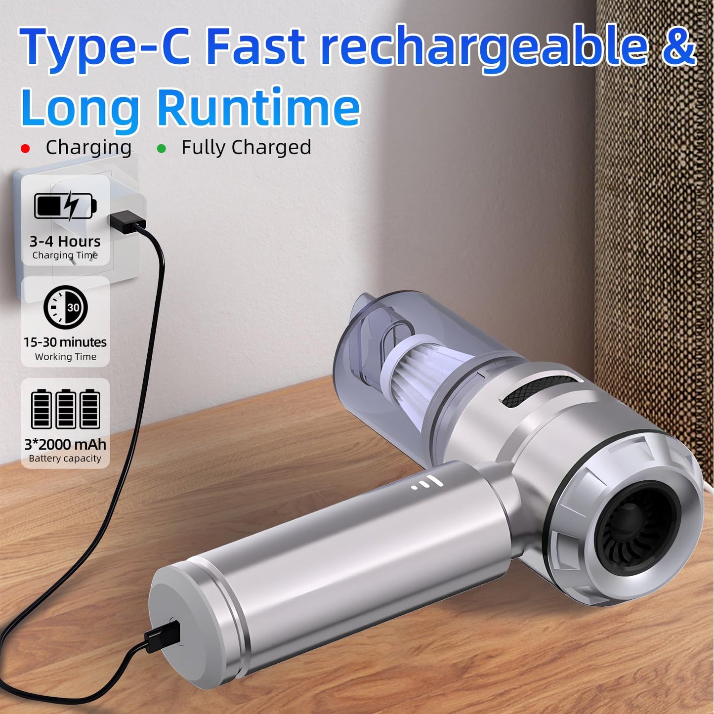 Handheld Mini Vacuum Cordless, 18000PA Powerful Suction USB Rechargeable Portable Car Vacuum Cleaner Car Cleaner for Pet Hair, Car, Home, Office, Kitchen
