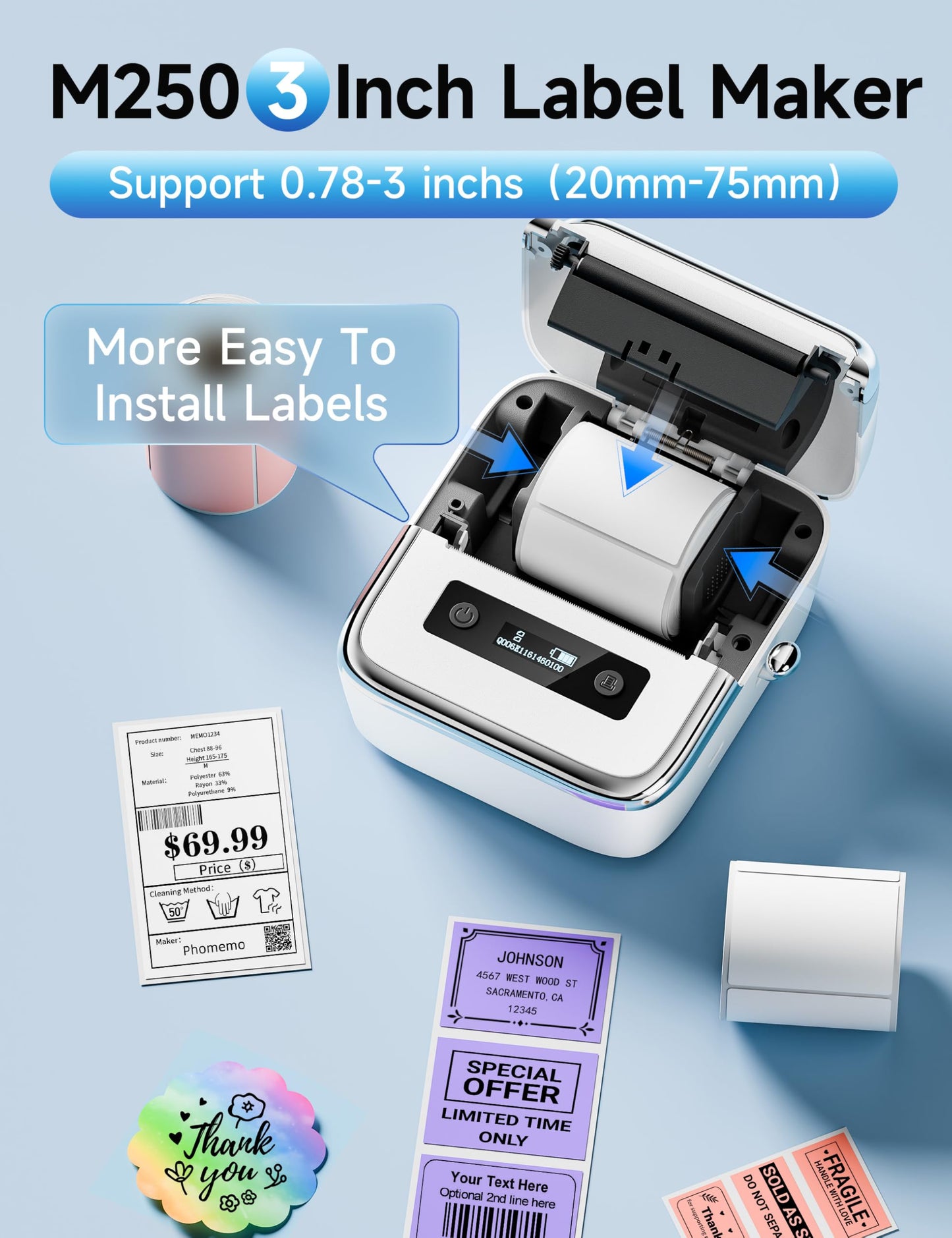 Phomemo M250 Label Maker, 3 Inch Thermal Label Printer, Label Maker Machine with Tape, Barcode Label Printer for Small Bussiness, Home, Clothing, Address, Compatibel for Phone & PC, with 100 Labels