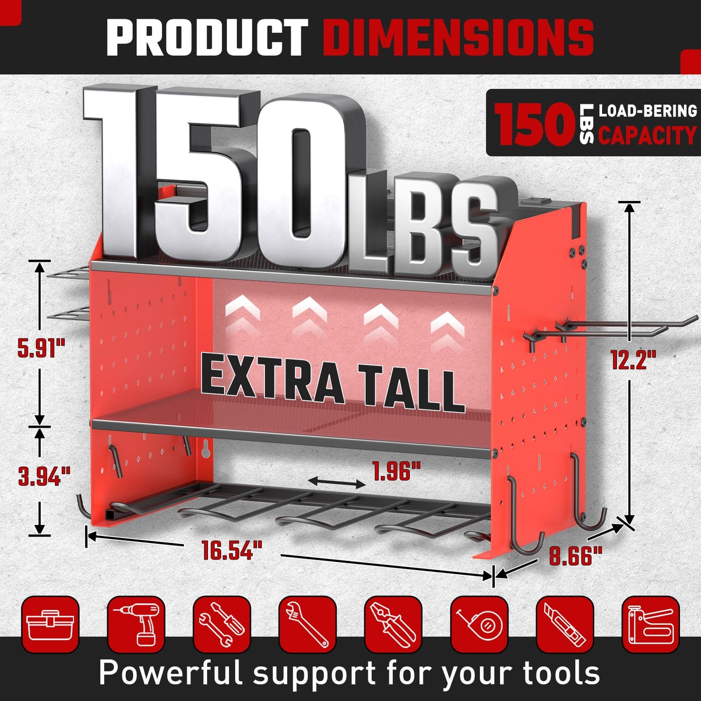 Power Tool Organizer with Charging Station, Heavy Duty 3 Layer Drill Holder Wall Mount Garage Shelf Rack with 6 Outlet Power Strip, Tool Shelf with Hooks, Drill Bit Rack for Garage, Red