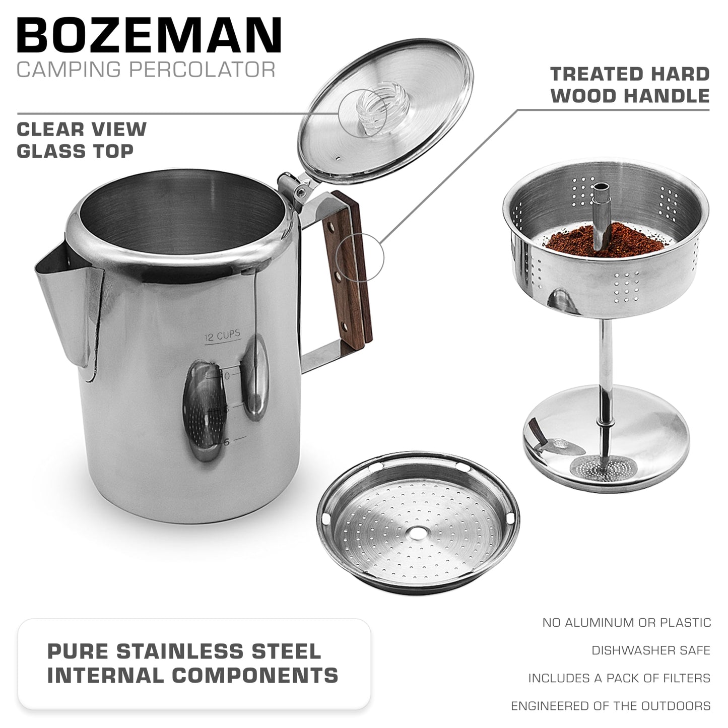 COLETTI Bozeman Percolator Coffee Pot – Camping Coffee Pot — NO Aluminum or Plastic [12 cup]