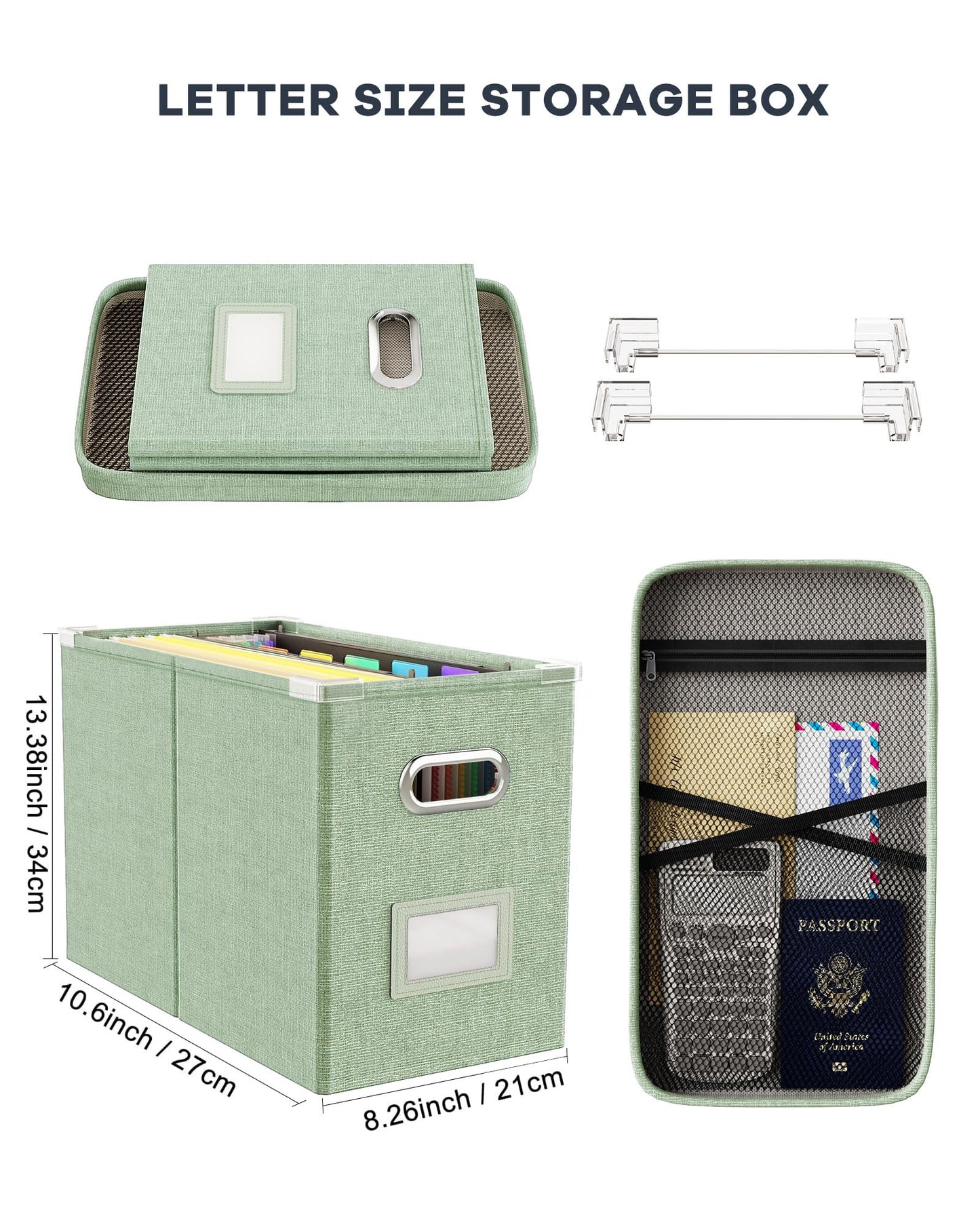 Oterri File Boxes with Lids, File Organizer Box for Letter Size Files Storage, Portable Filing Box with Handle and Mesh Bags, Hanging File Folder Box for Office/Home/School(2 Pcs, Green)