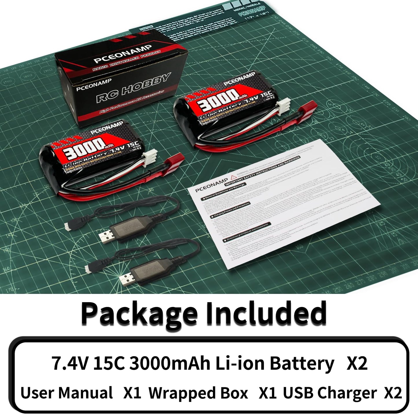 PCEONAMP 7.4V Li-ion Battery 3000mAh 2S with Deans T Plug Rechargeable High Capacity RC Battery Fit for WLtoys 4WD High Speed RC Cars and Most 1/10, 1/12, 1/16 Scale RC Cars Trucks with 2 USB Charger