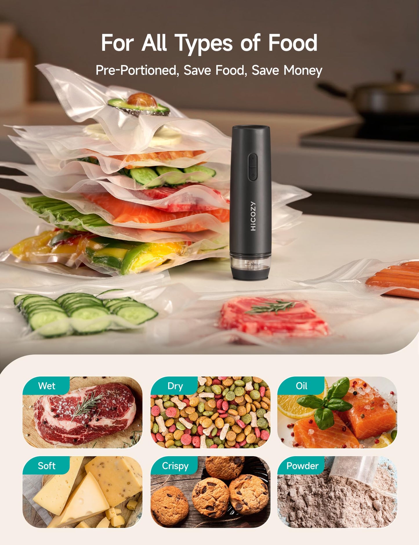 HiCOZY Vacuum Sealer, Handheld Vacuum Sealer Machine with 30 Reusable Bags, Portable Food Sealer with Visible Water Tank