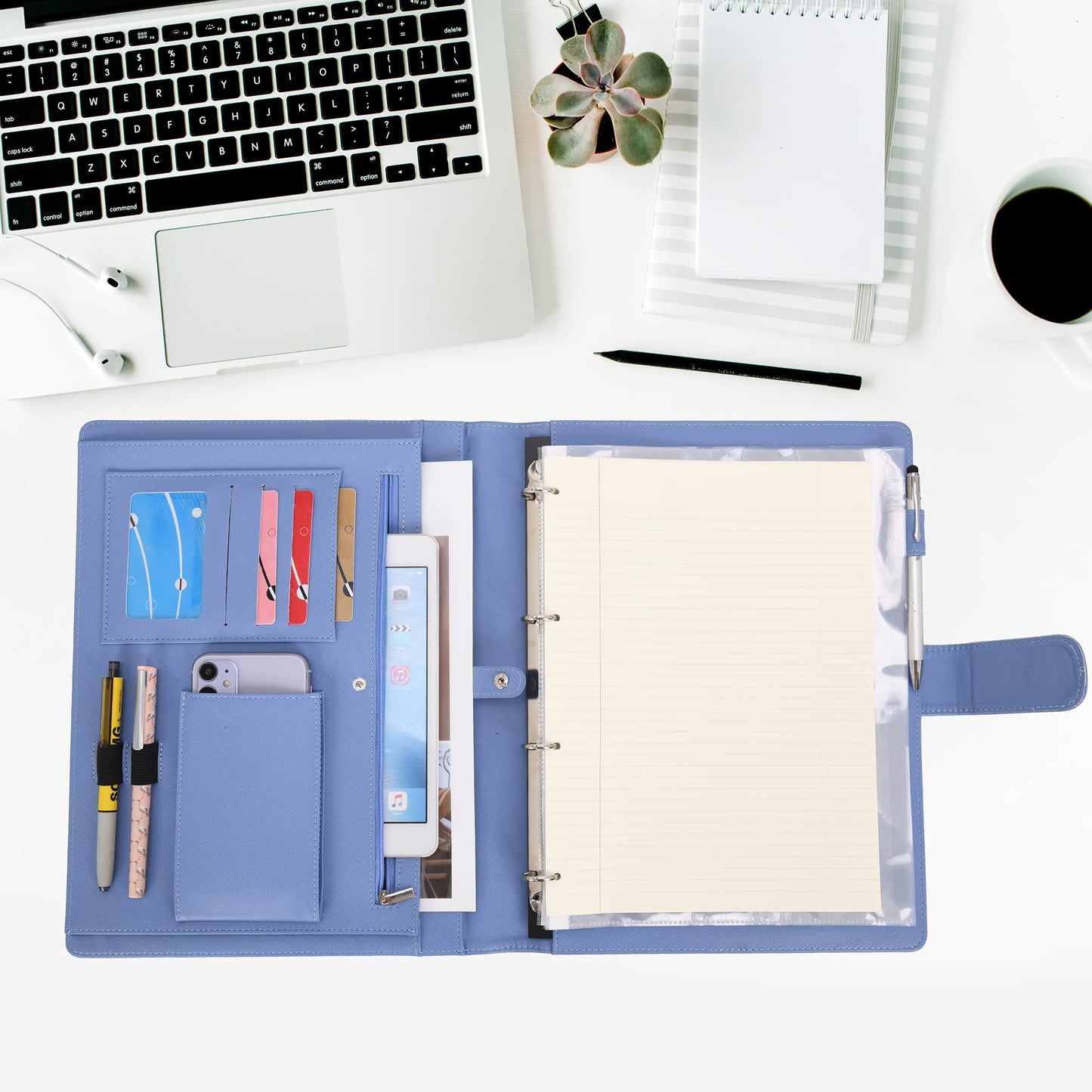Wonderpool A4 Leather 4 Ring Holder Writing Portfolio Multi Document Case with Removable Binder Clipboard and Functional Pocket for Organizer Office Travel School (Blue)