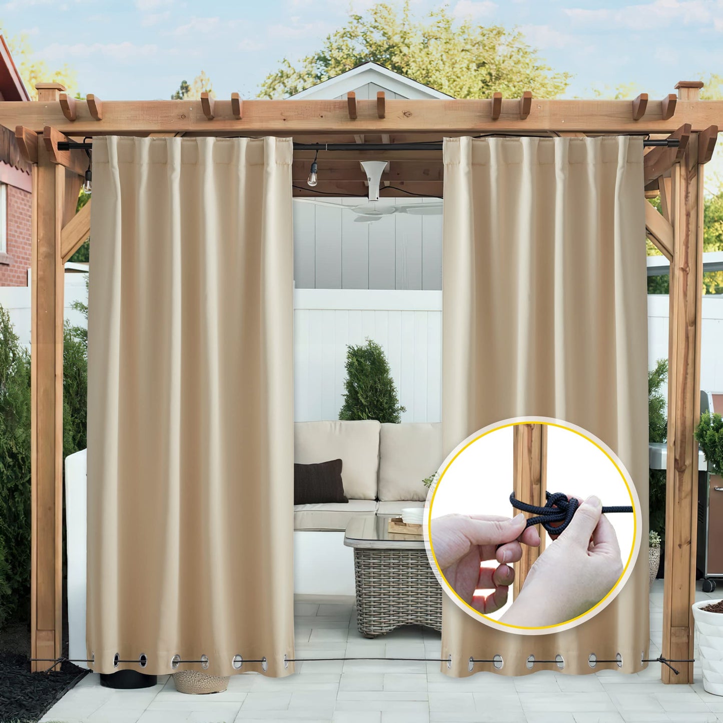NICETOWN Outdoor Curtains 84 Inches 2 Panels for Gazebo, Waterproof Light Blocking Thermal Insulated Grommet Top Back Tab Bottom Weighted with Fixed Rope, Biscotti Beige, 52 Inches Width