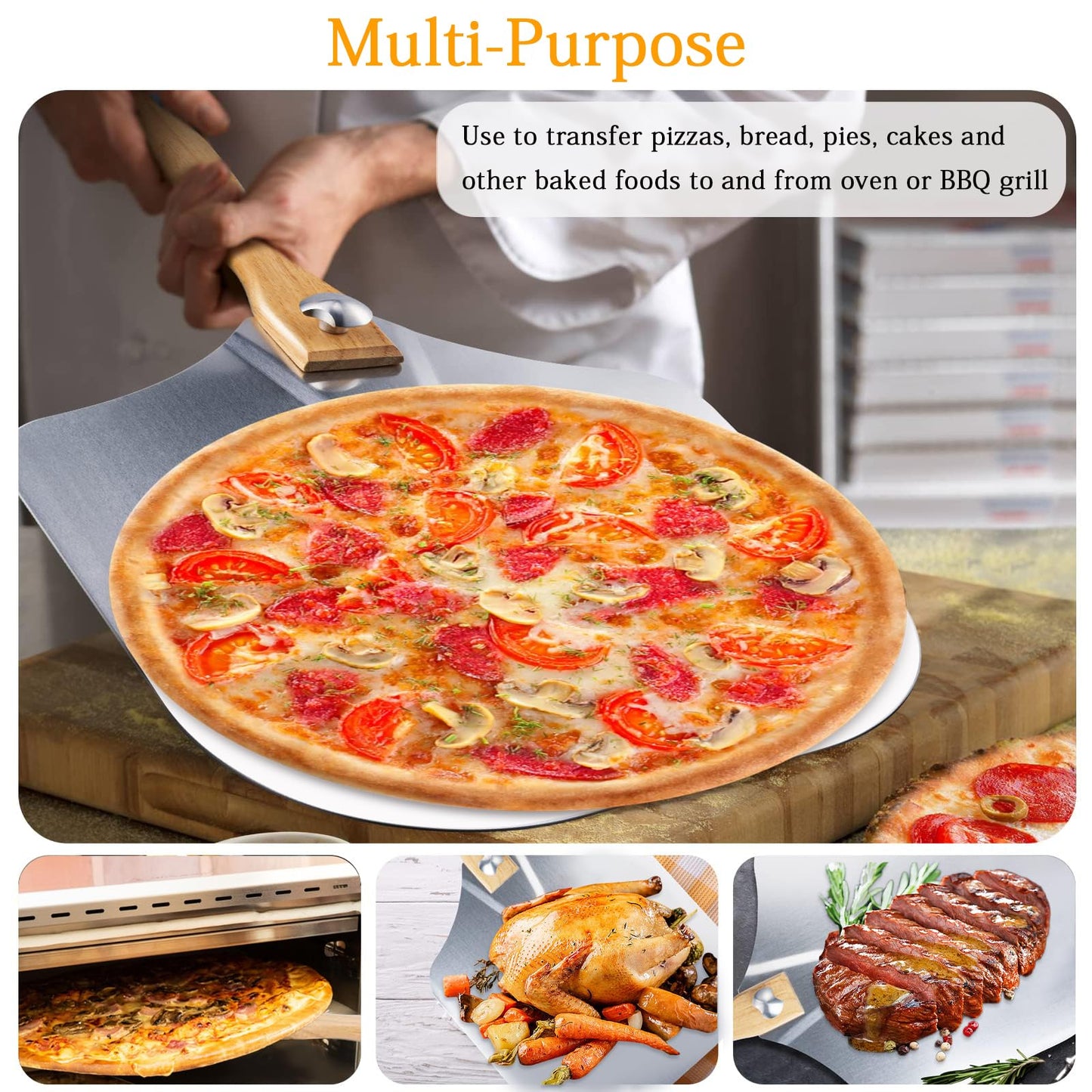 Ninonly Aluminum Pizza Peel 12" x 14" Pizza Paddle with Foldable Wood Handle, Metal Pizza Spatula with Rocker Cutter for Easy Storage&Clean, Pizza Tools for Pizza Oven Baking Pizza Bread Pastry