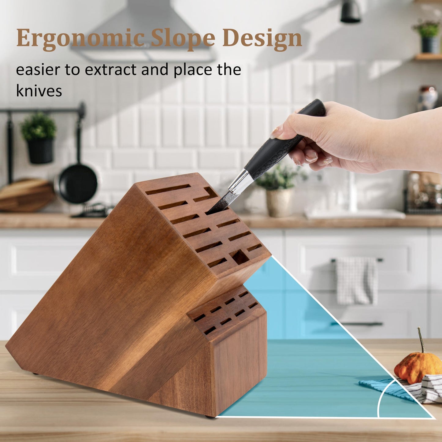 20 Slots Knife Storage Without Knives - Universal Acacia Wood Knife Holder for Kitchen Countertop, Large Butcher Block Organizer, Easy
