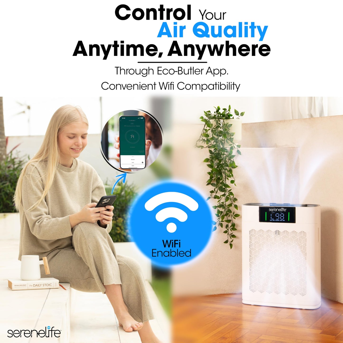 SereneLife HEPA Air Purifier for Home – Smart WiFi & App Control, Ultra-Quiet Air Purifier for Bedrooms & Large Rooms, Removes Dust, Pet Hair & Odors, Ideal for Pets & Allergies 1,076 Sq Ft