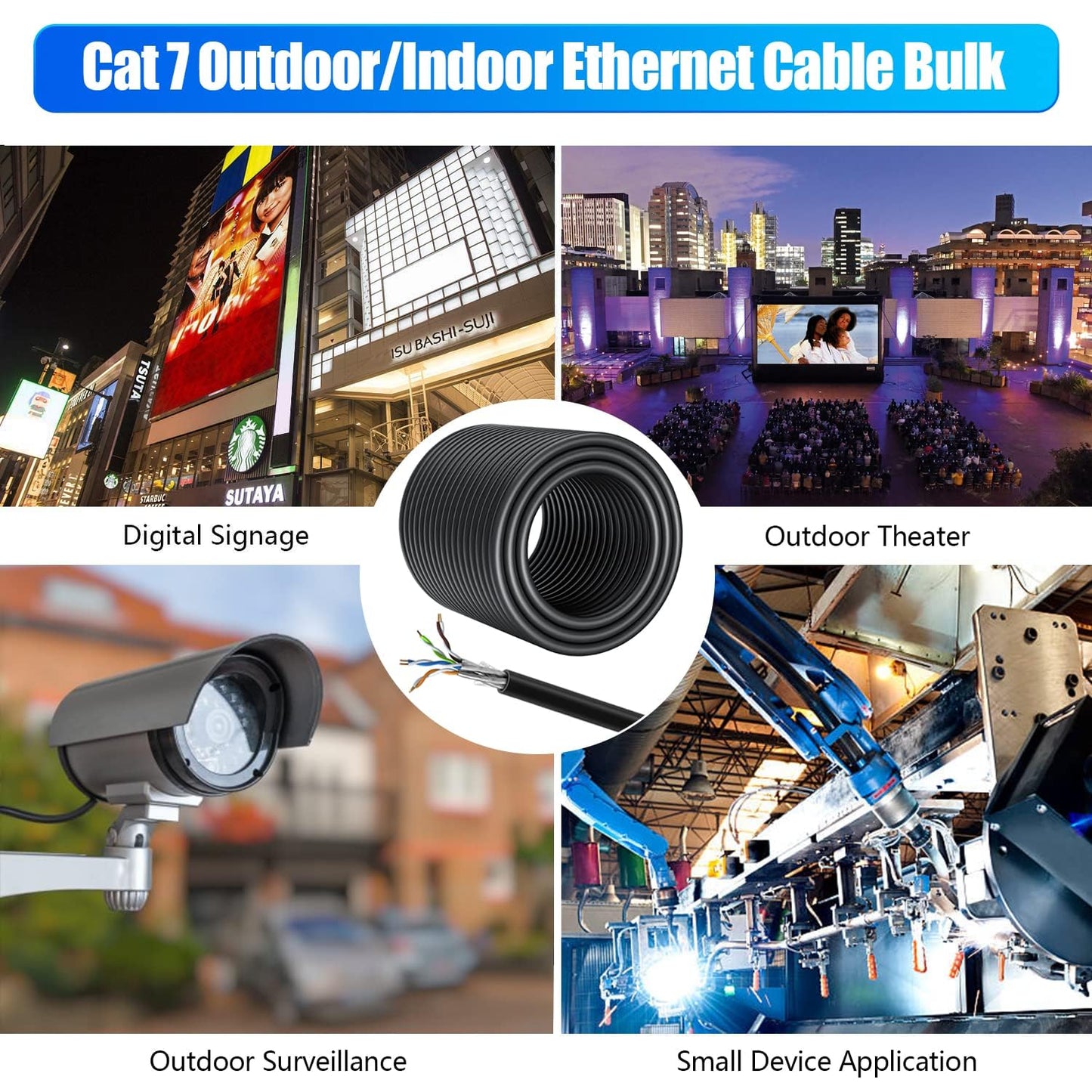 Cat 7 Outdoor Ethernet Cable 200ft Bulk (10RJ45), Cat7 SFTP Triple Shielded Ethernet Cable, High Speed 10Gbps, 24AWG, Waterproof, Direct Burial, UV Resistant Internet Cables 200 ft for Modem Router