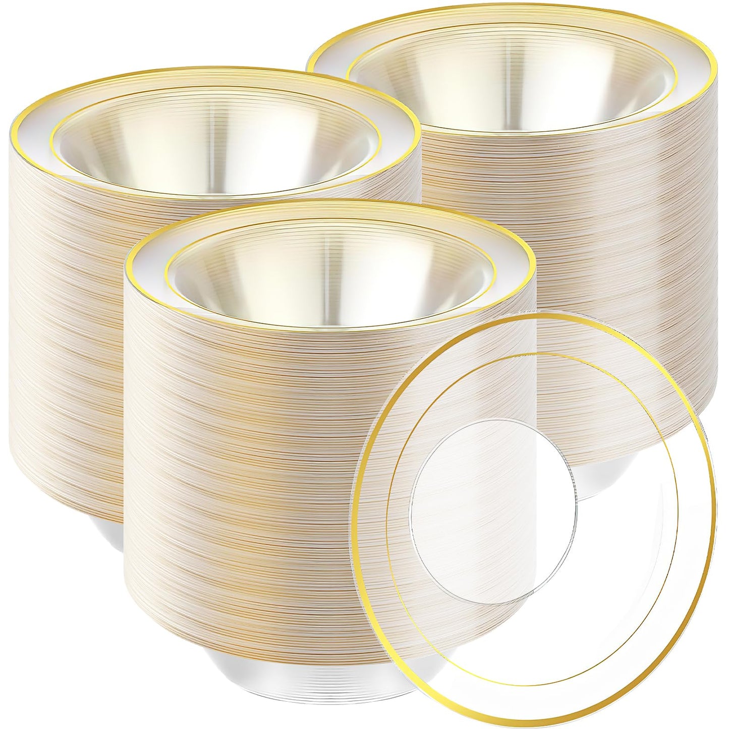 100 Pack Clear Plastic Bowls 12 Oz Disposable Soup Bowls with Gold Rim Clear Party Bowl Disposable Salad Bowl for Party, Wedding, Holidays
