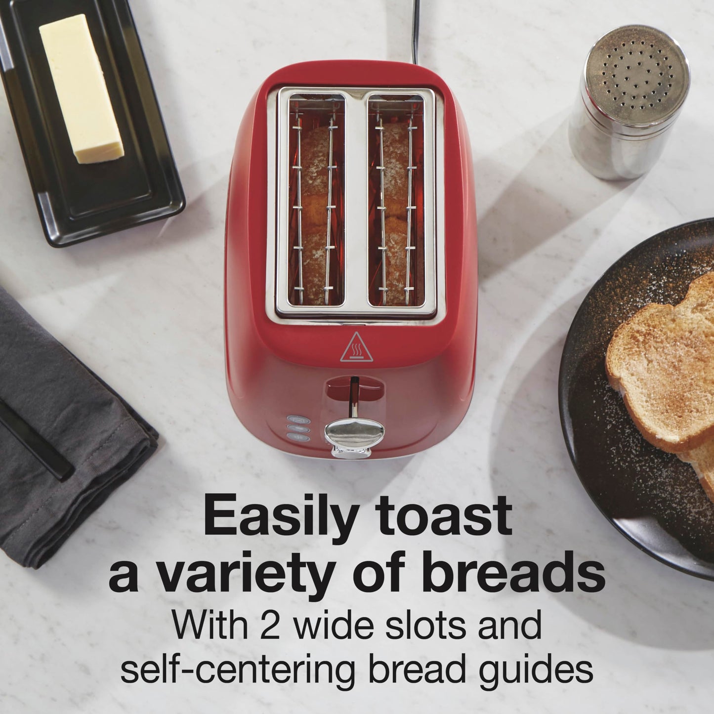 Proctor Silex 2-Slice Toaster, Red, Wide-Slot Toaster with Bagel, Defrost and Cancel Buttons, 7 Shade Browning Control, Toast Boost, 22661