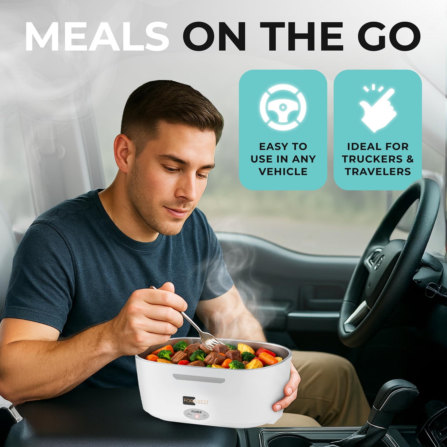 FORABEST Heated Lunch Box, 80W Electric Lunch Box for Adults, Portable Food Warmer with 1.5L Stainless Steel Container, Utensils, Carry Bag & Leakproof Lid, 12V/24V Car/Truck & 110/120V Home/Office