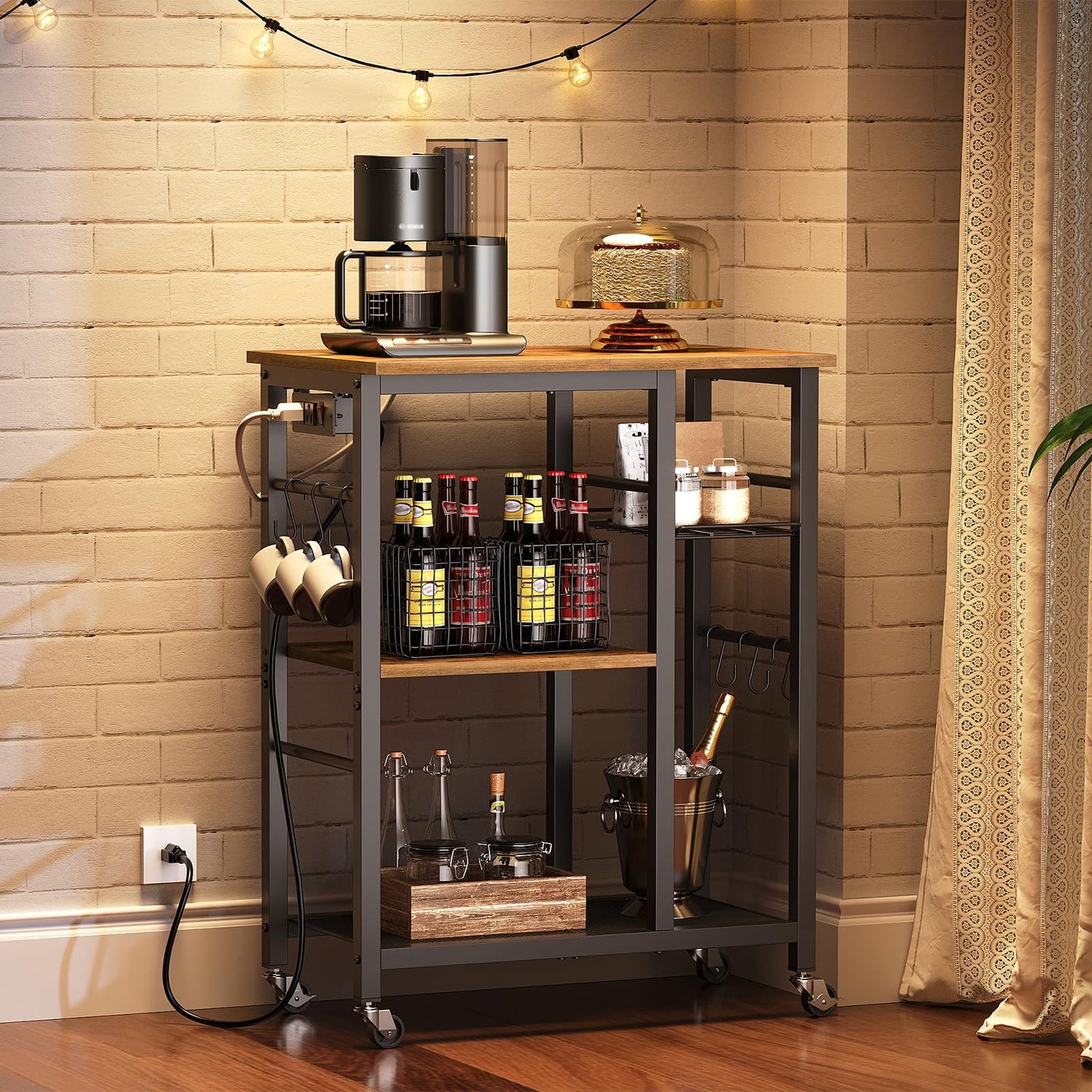 YATINEY Movable Bakers Rack, Microwave Stand with Charging Station, Kitchen Storage Rack with Hooks and Basket, Casters and Adjustable Feet, for Small Space, Kitchen, Dining Room, Rustic Brown HB04UBR