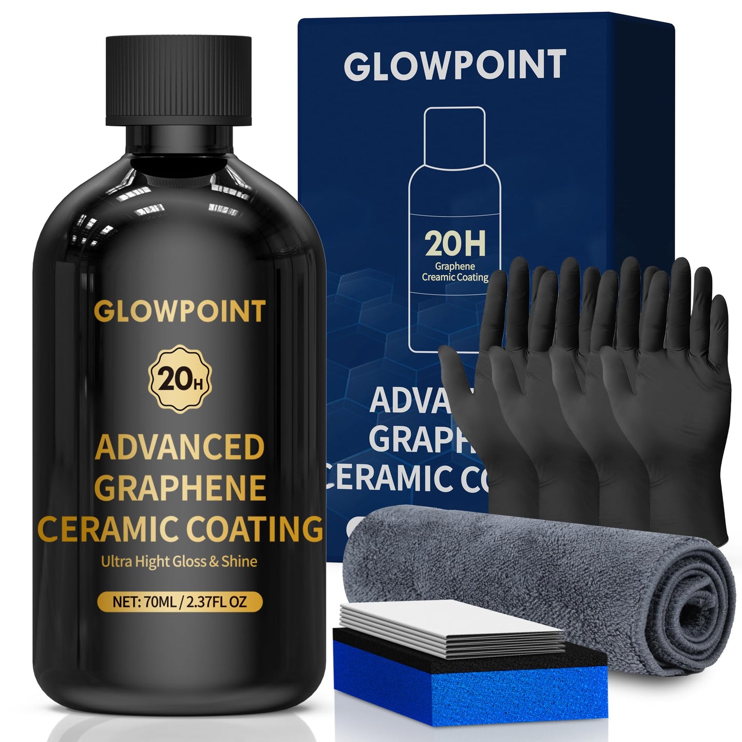 GLOWPOINT Ceramic Coating for Cars, 20H Graphene Ceramic Coating for Auto Detailing, High Gloss Anti-Scratch Nano Coat Kit, 10 Years Hydrophbic Mirror Paint Protection (70ML)