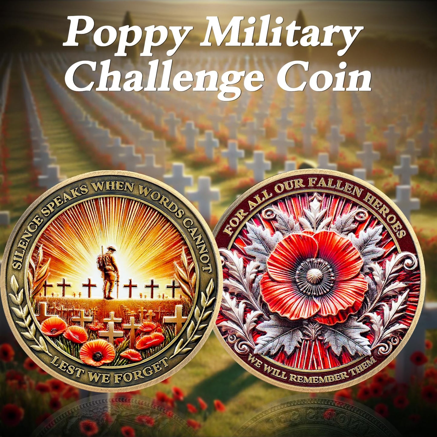 IELCJJ Poppy Military Challenge Coin - Memorial Coin Honoring Fallen Heroes with Poppy and Cross - Veterans Challenge Coin - Patriotic Military Memorabilia Gift (5 PCS)