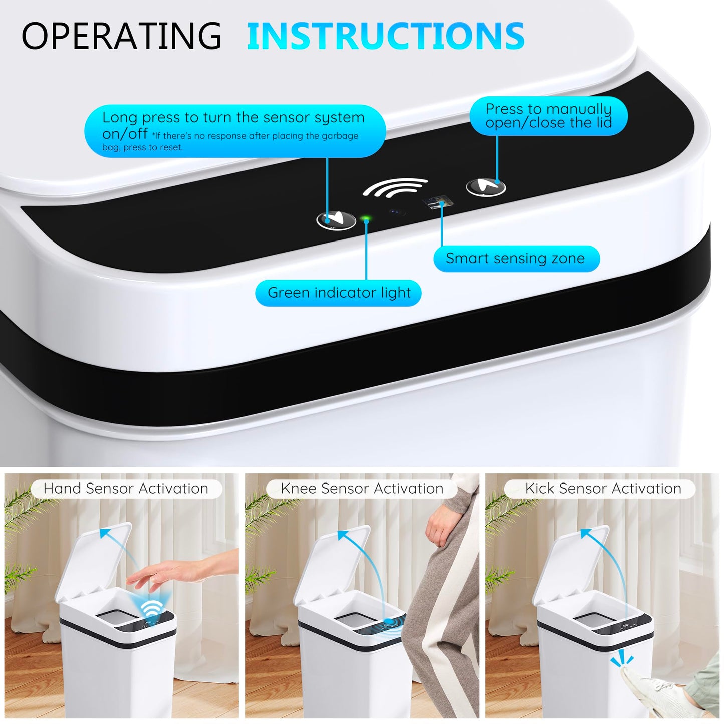 3 Pack Bathroom Trash Can with Lid Touchless Automatic Garbage Can, 2.6 Gallon Slim Waterproof Motion Sensor Smart Trash Can, Small Plastic Trash Bin for Bedroom, Office, Living Room - White