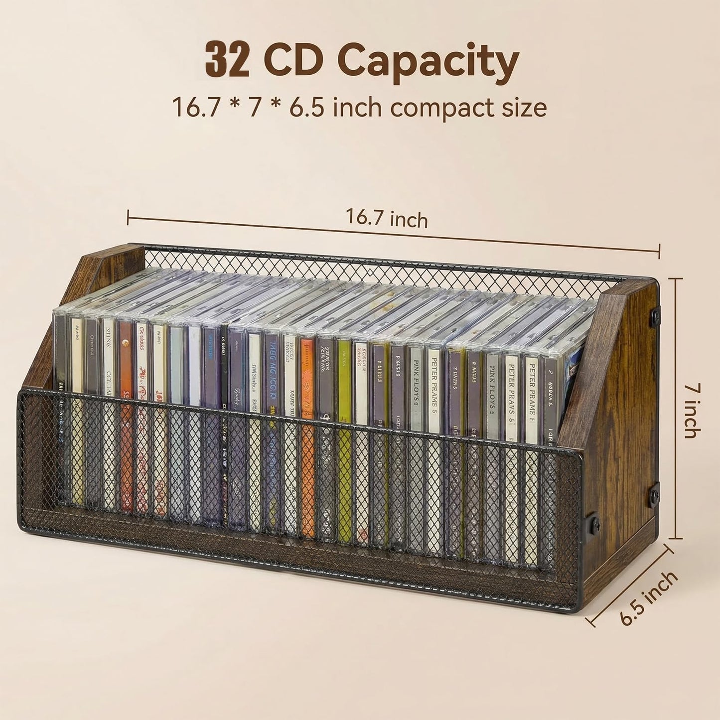 PUTNATRUE CD Storage Holder Wooden Organizer for up to 32 CDs Retro CD Case Rack