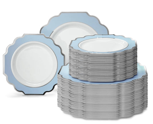" OCCASIONS " 120 Plates Pack,(60 Guests) Heavyweight Premium Wedding Party Disposable Plastic Plates Set -60 x 10.5'' Dinner + 60 x 8'' Salad/Dessert (Imperial in White/Blue & Silver)