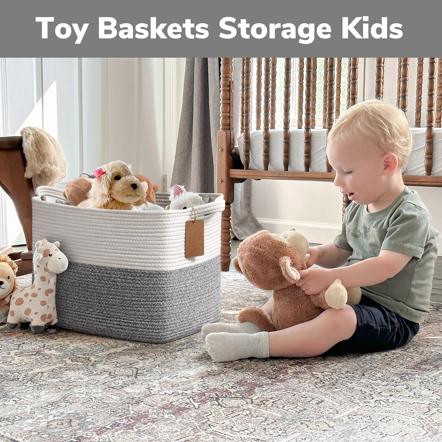 Goodpick Woven Storage Basket, Cotton Rope Baskets with Handles, Toy Baskets Storage Kids, Blanket Basket for Living Room, Bedroom, Light Grey, 18 x 14 x 12 Inches