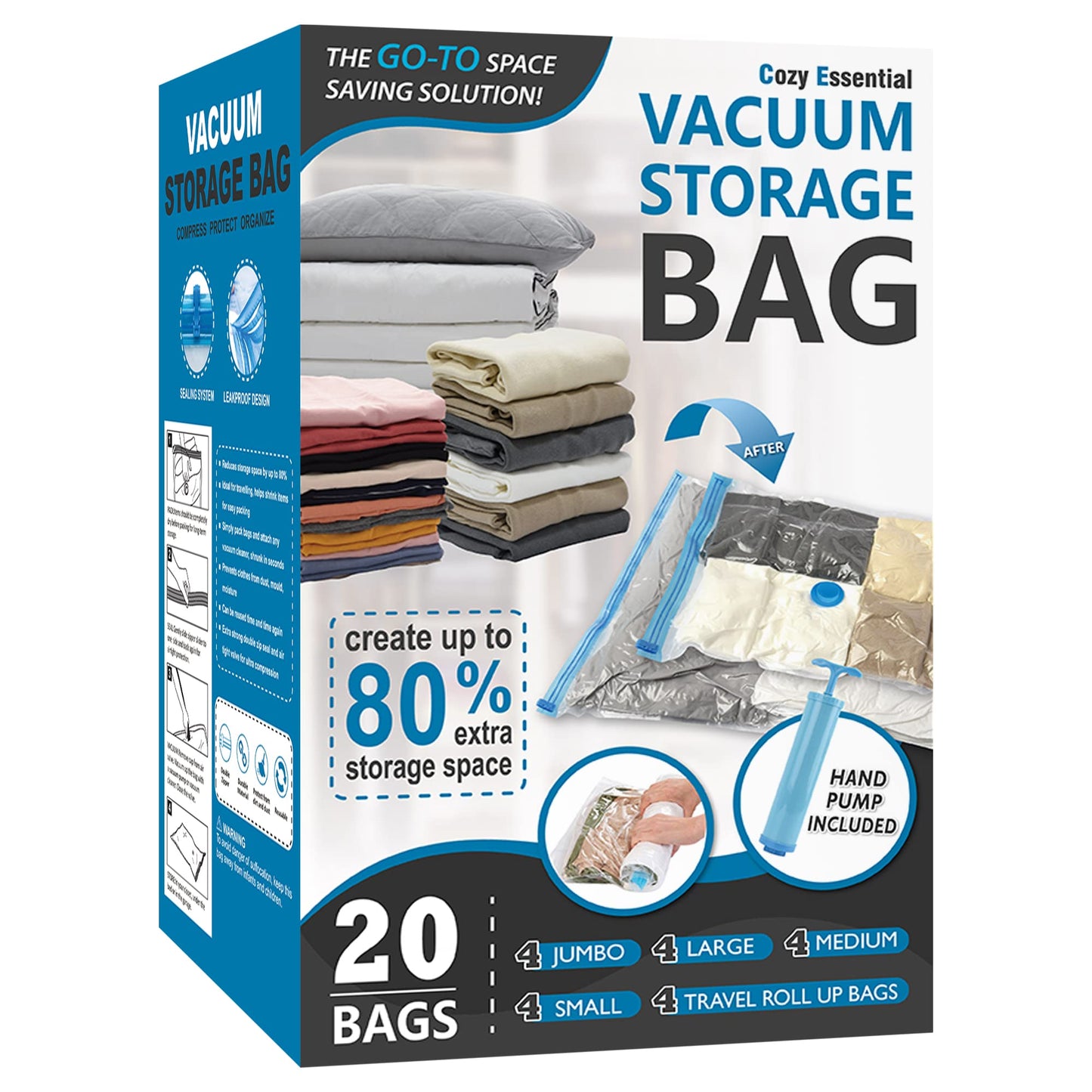 20 Pack Vacuum Storage Bags, Space Saver Bags (4 Jumbo/4 Large/4 Medium/4 Small/4 Roll) Compression Storage Bags for Comforters and Blankets, Vacuum Sealer Bags for Clothes Storage, Hand Pump Included