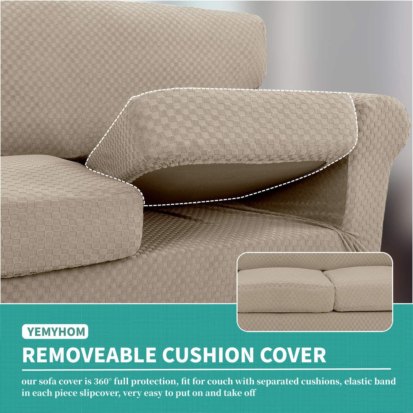 YEMYHOM Latest Checkered 4 Pieces Couch Covers for 3 Cushion Couch High Stretch Thickened Sofa Cover for Dogs Pets Anti Slip Elastic Slipcovers Living Room Furniture Protector (Sofa, Khaki)