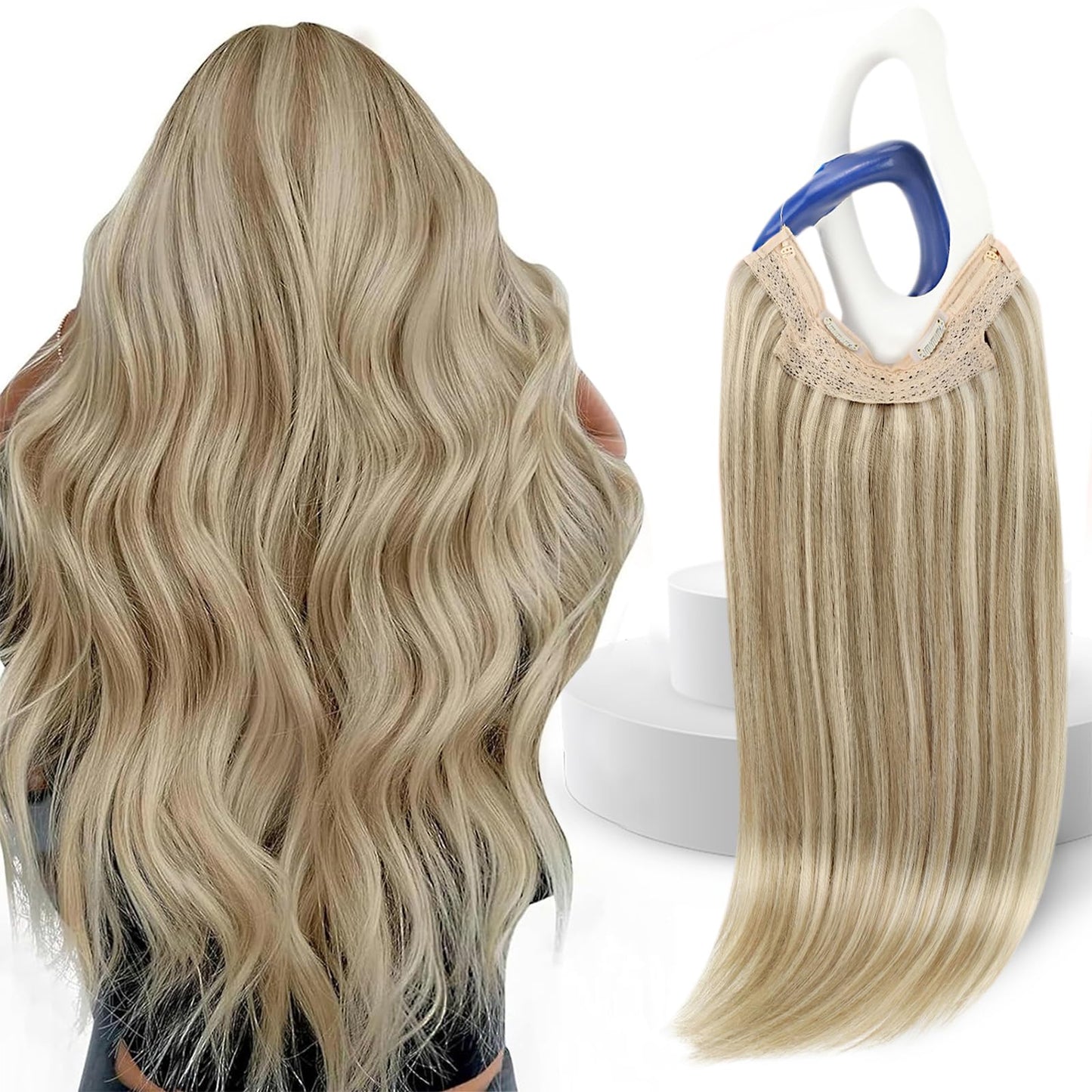 Sunny Hair Wire Hair Extensions Human Hair Invisible Hair Extensions for Women Straight Secret Hidden One Piece Extensions With Adjustable Line Dark Ash Blonde Highlights Golden Blonde 12inch