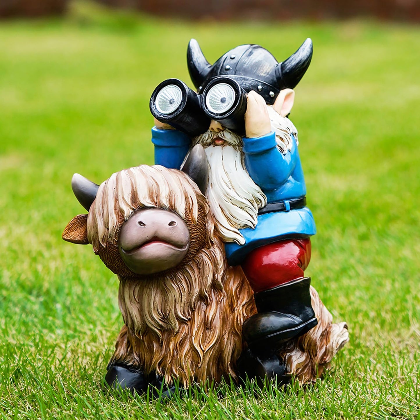 Joint Honglin Garden Gnome Statues Resin Gnome Sitting on Highland Cow Solar LED Lights Outdoor Telescope Gnome Decorations