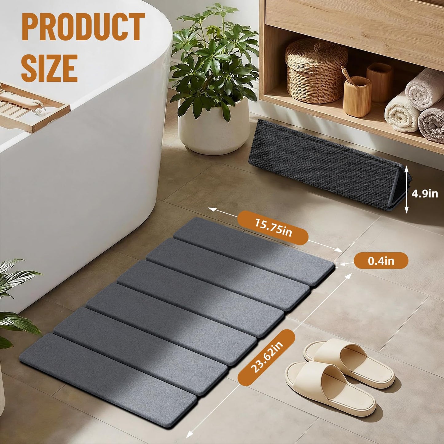 Luxspire Stone Bath Mat Foldable, Quick Drying Diatomaceous Earth Bath Mat for Bathroom, Large Bathroom Rug with Non-Slip Rubber Base, Easy Clean Shower Mat Outside Shower, 24 x 16 inch, Dark Gray