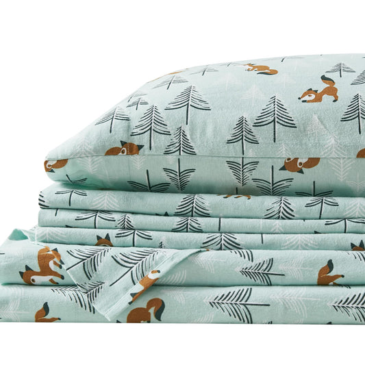 Comfort Spaces Cotton Flannel Breathable Warm Deep Pocket Sheets with Pillow Case Bedding, Twin, Seafoam Foxes 3 Piece