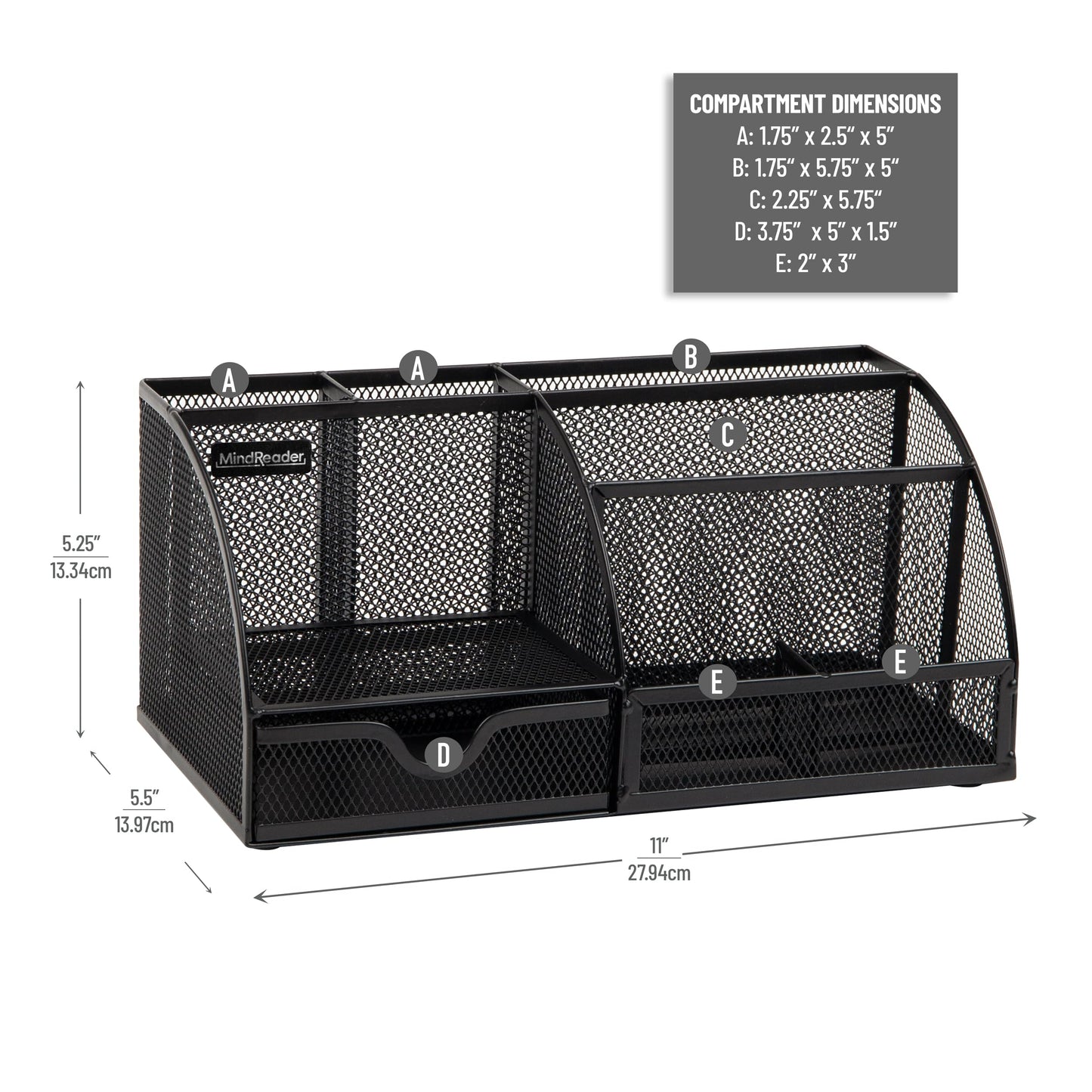 Mind Reader Desktop Organizer, File Storage, Accessory Storage, Workspace, Office, Metal Mesh, 11"L x 5.5"W x 5"H, Black