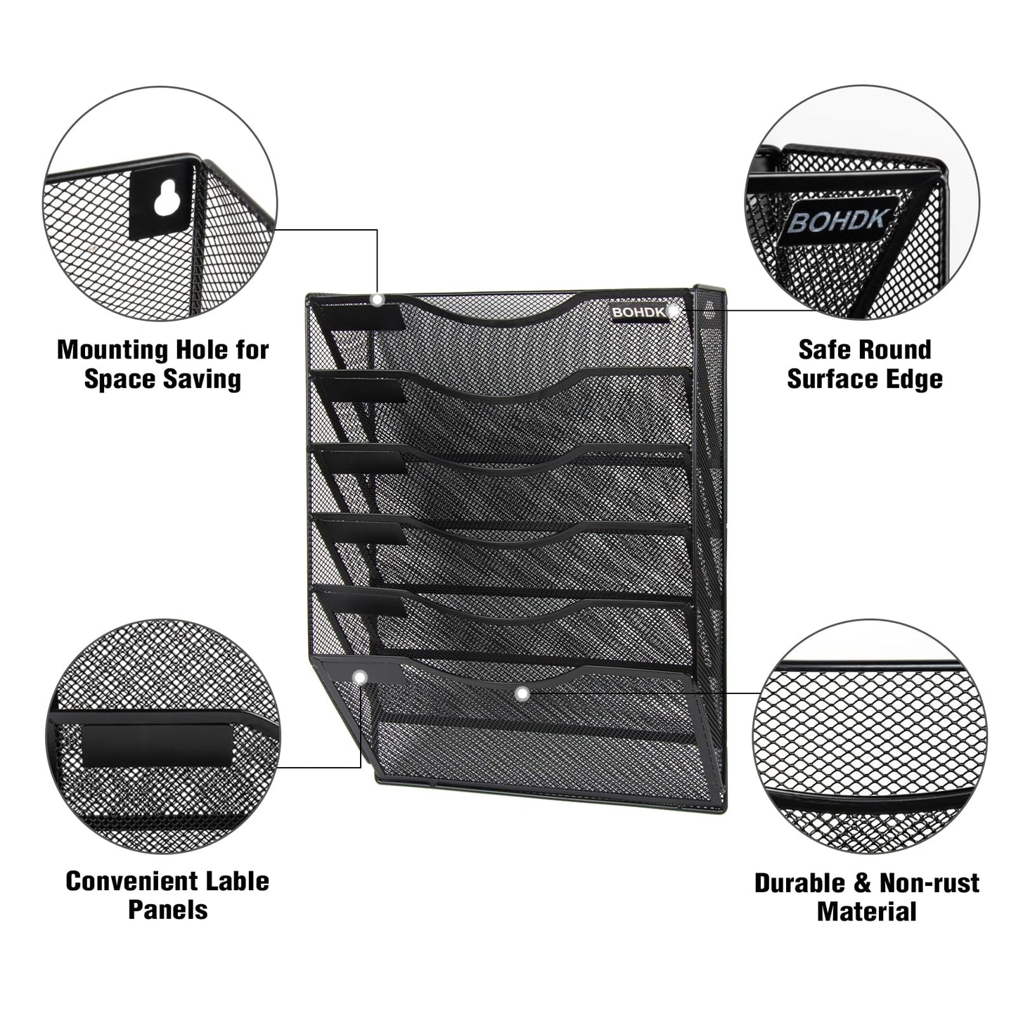 BOHDK Wall File Organizer, 6 Tier Hanging File Folder Mail Organizer, Vertical Mesh Metal Wall Mount Hanging File Holder, Paper Document Magazine Rack for Home Office Black