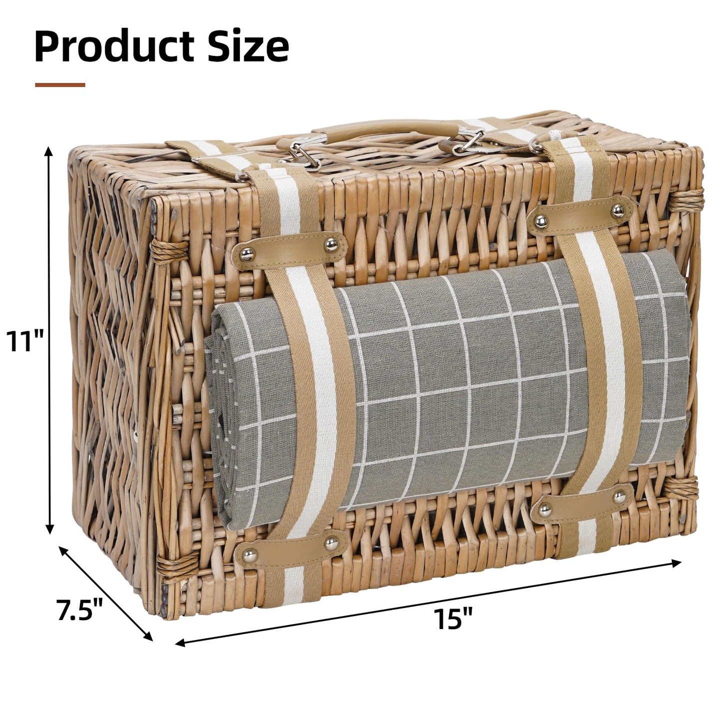 Wicker Picnic Basket for 2 - Willow Basket with Waterproof Picnic Blanket | Willow Picnic Set with Insulated Cooler | Wicker Hamper with Cutlery Kit | Gift Basket for Christmas, Thanks Giving, Grey