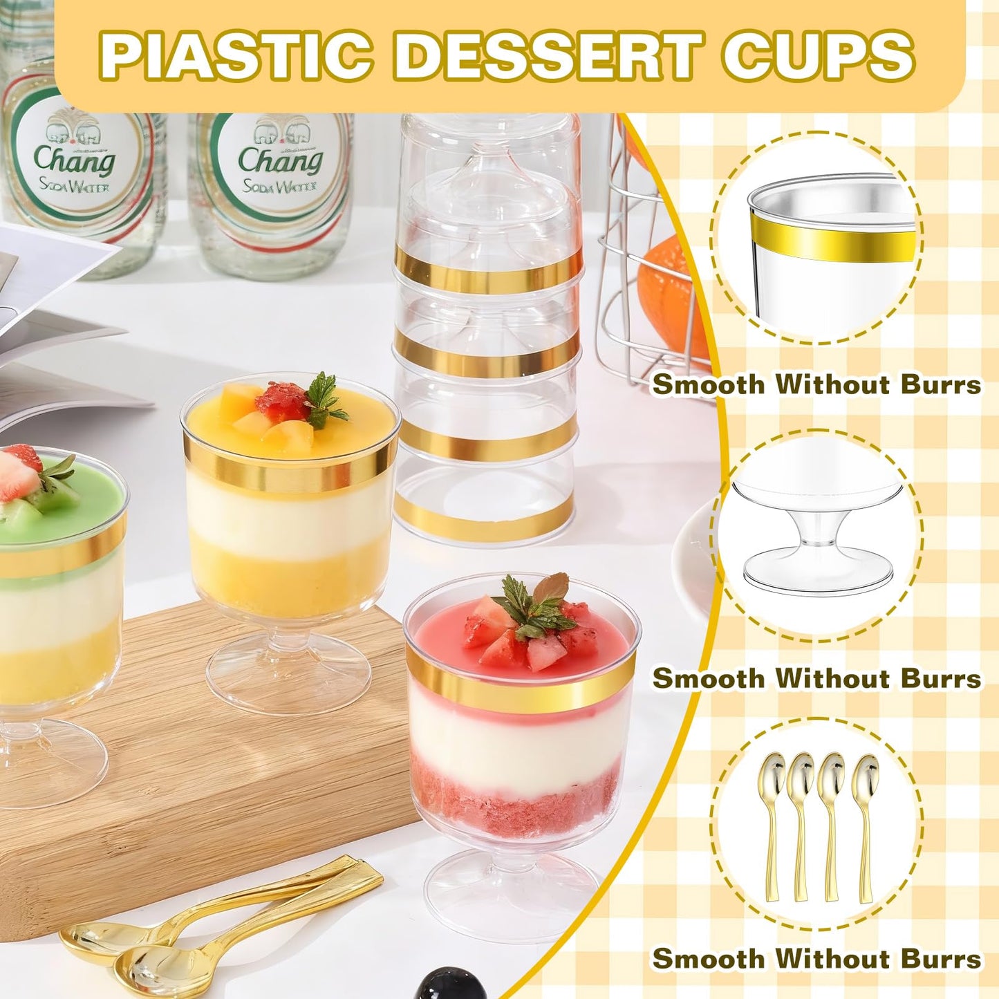 Mwellewm 300Pcs Dessert Cups 5 OZ Parfait Cups Small Plastic Desert Cups with Spoons Clear Mini Serving Shooter Cups Glasse Round Goblet with Gold Edge for Party Appetizer Fruit Ice Cream Cake Pudding