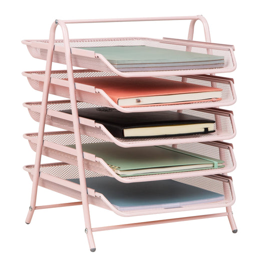Mind Reader 5-Tier Paper Tray Organizer, Vertical Desktop File Storage Rack, Office, Metal Mesh, Pink
