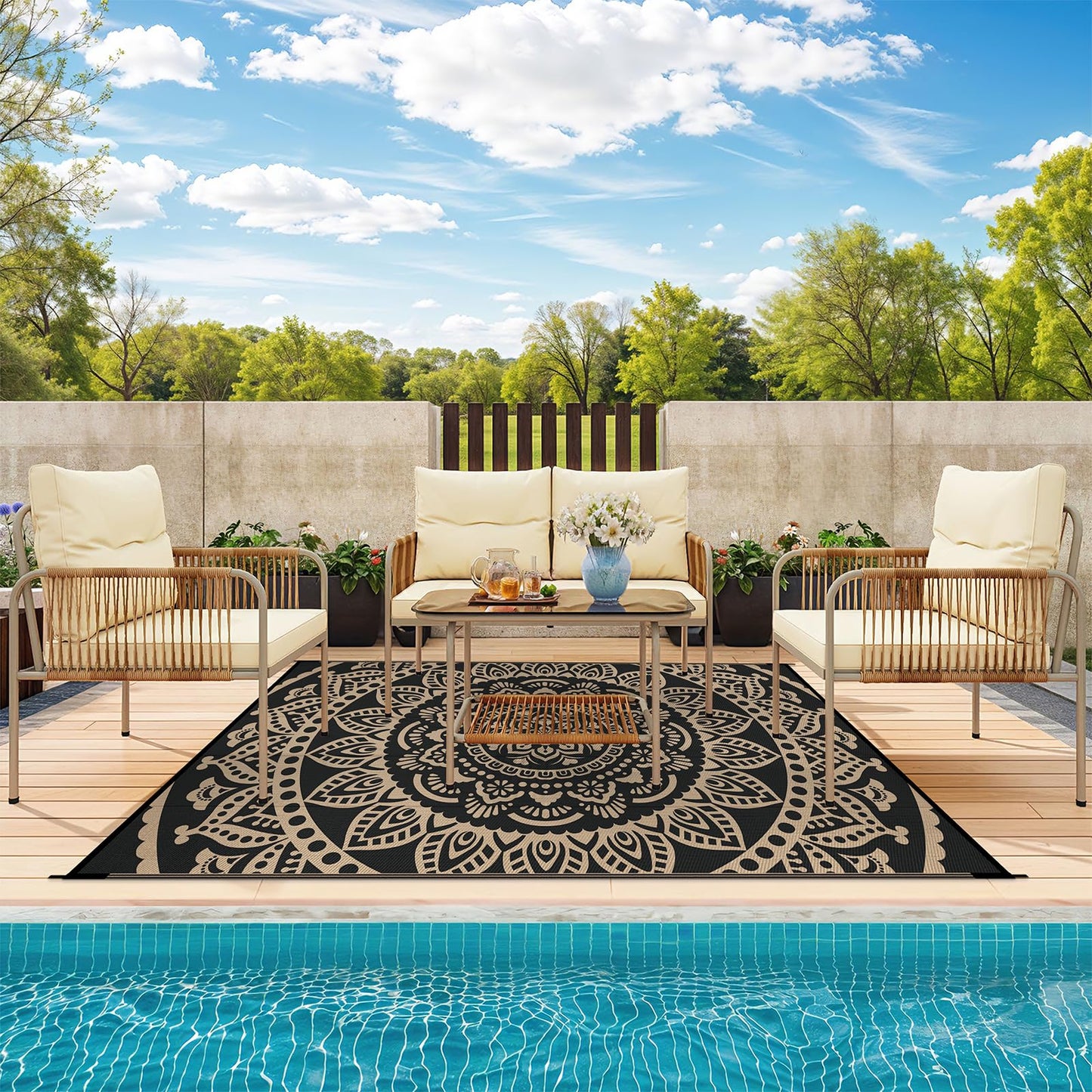 Bsmathom Waterproof Outdoor Rug 5'x8' Reversible Boho Plastic Straw Patio Deck Camping Rugs, Indoor Outdoor Portable RV Mat Clearance Carpet for Outside, Porch, Balcony, Backyard, Beach, Pool