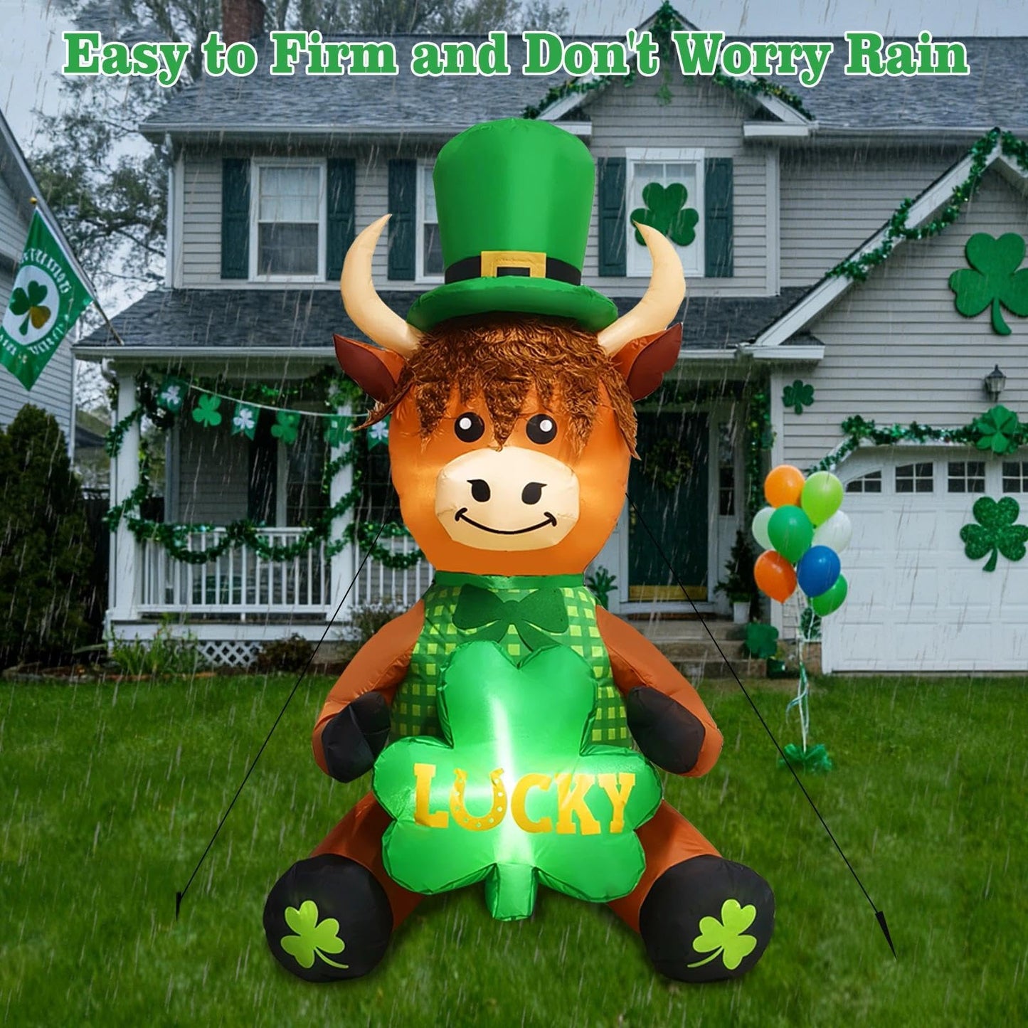 inslife 5FT Tall St. Patrick's Day Inflatable Outdoor Decoration Highland Cow Wearing Hat with Lucky Shamrock Built-in 2 LEDs for St. Patrick's Day Yard Garden Lawn Home Party Indoor Decor