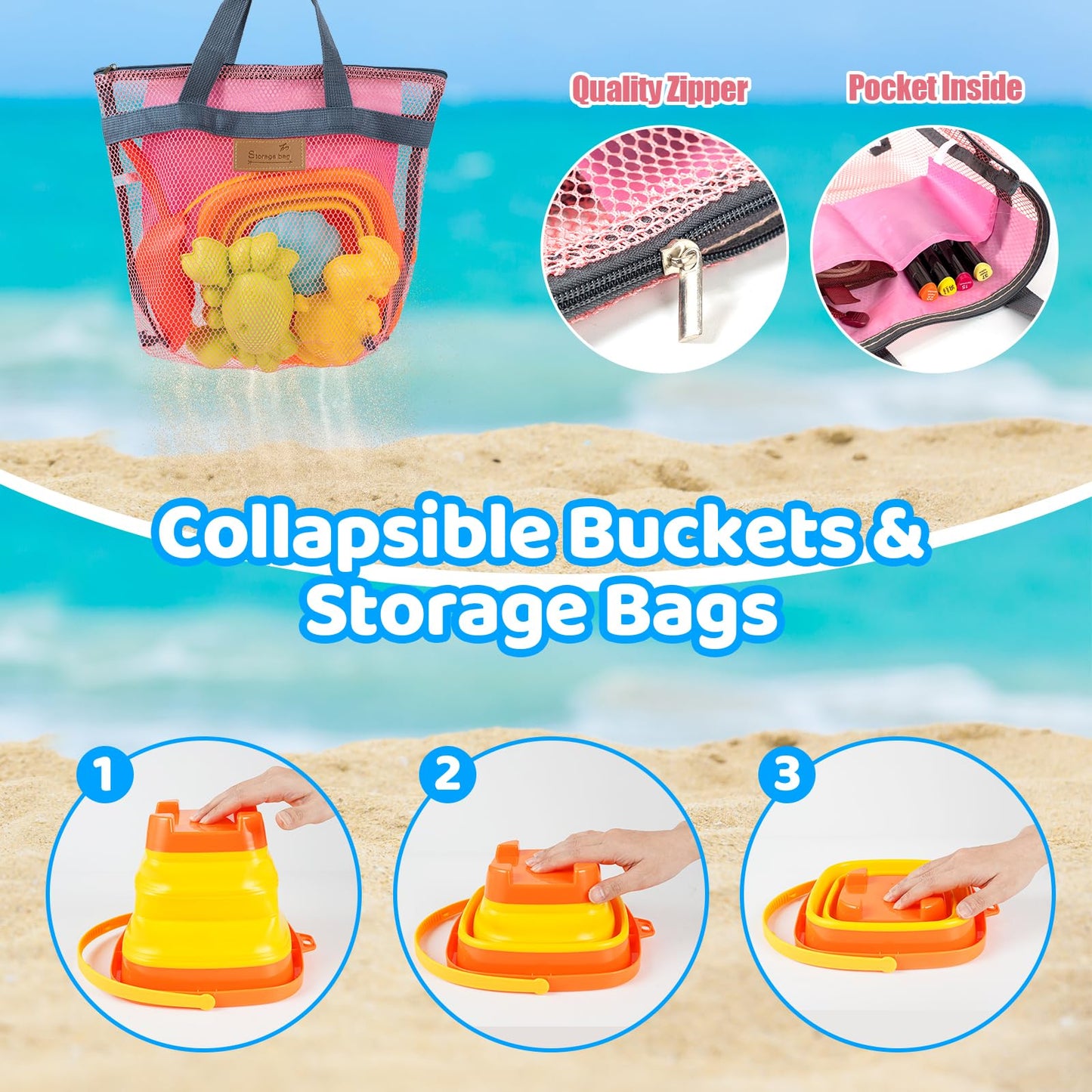Kids Beach Sand Toys with 2 Collapsible Beach Sand Buckets, Big Size Sand Molds, 2 Mesh Shell Bags, Shovels Set Travel Sandbox Toys for Toddler Ages 3-10