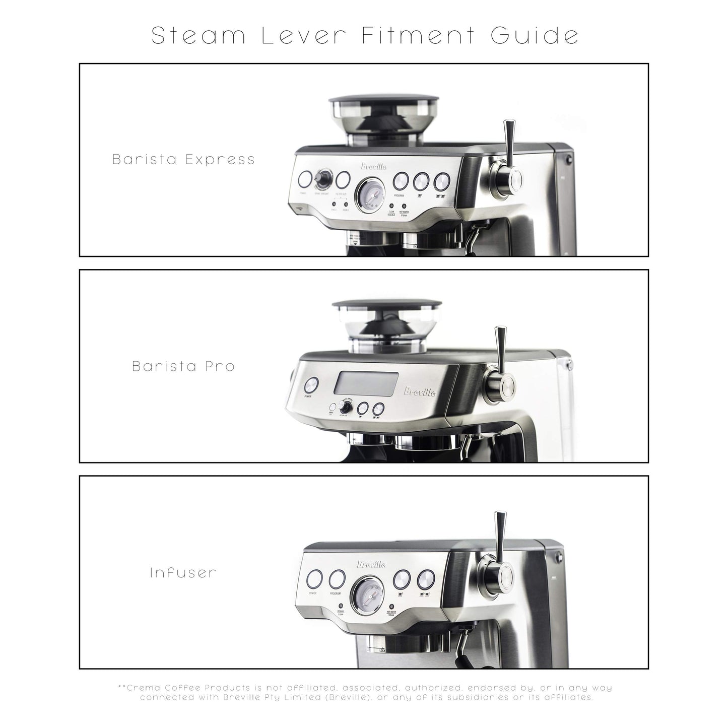 Crema Coffee Products - Replacement Steam Lever Compatible with Breville Espresso Machines - Brushed Silver - Fits the Barista Express, Infuser, Barista Pro