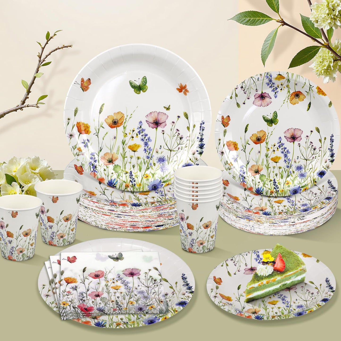 250 Pcs Wildflower Party Supplies Include Spring Floral 9 Inch and 7 Inch Paper Plates Napkins and Cups for Baby Shower Wedding Tea Party Decorations, Serve 50 Guest (Pink)