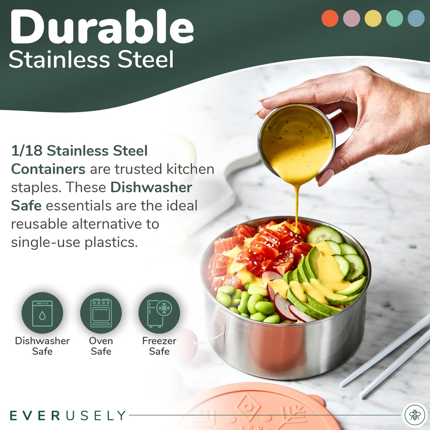 Everusely - Stainless Steel Containers with Lids - Set of 5, Bright Collection - Leakproof Stainless Steel Food Containers - Nesting Snack Holders - Metal Lunch Box - Portable & Reusable Meal Kit