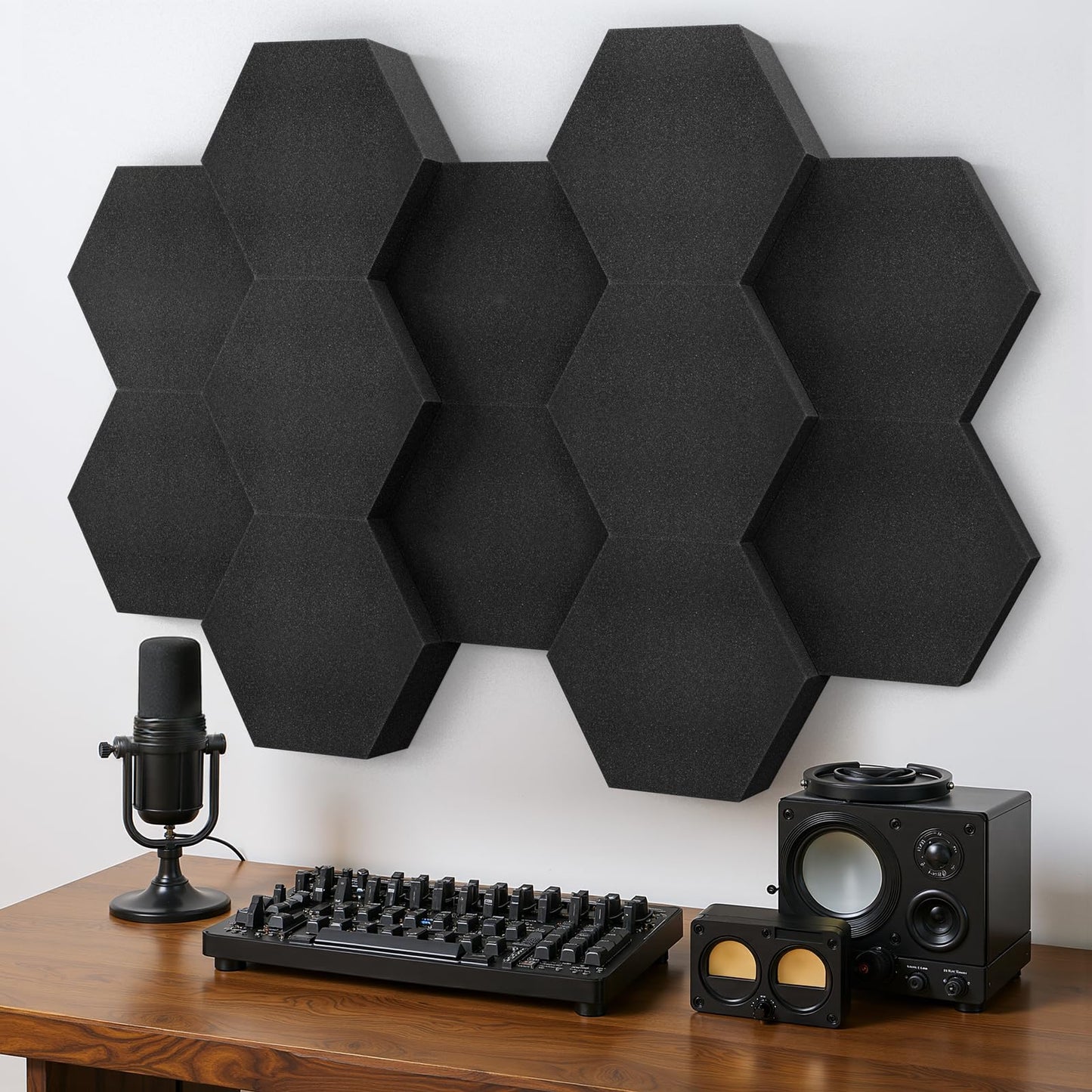 Acoustic Foam Panels, 3D Hexagon Dual Thickness 1.57" & 2.75" Acoustique Sound Absorbing Tiles for Studio, Room, 12 Pack, 12" x 10" Black Decorative Art Panels for Ceiling, Door, Walls