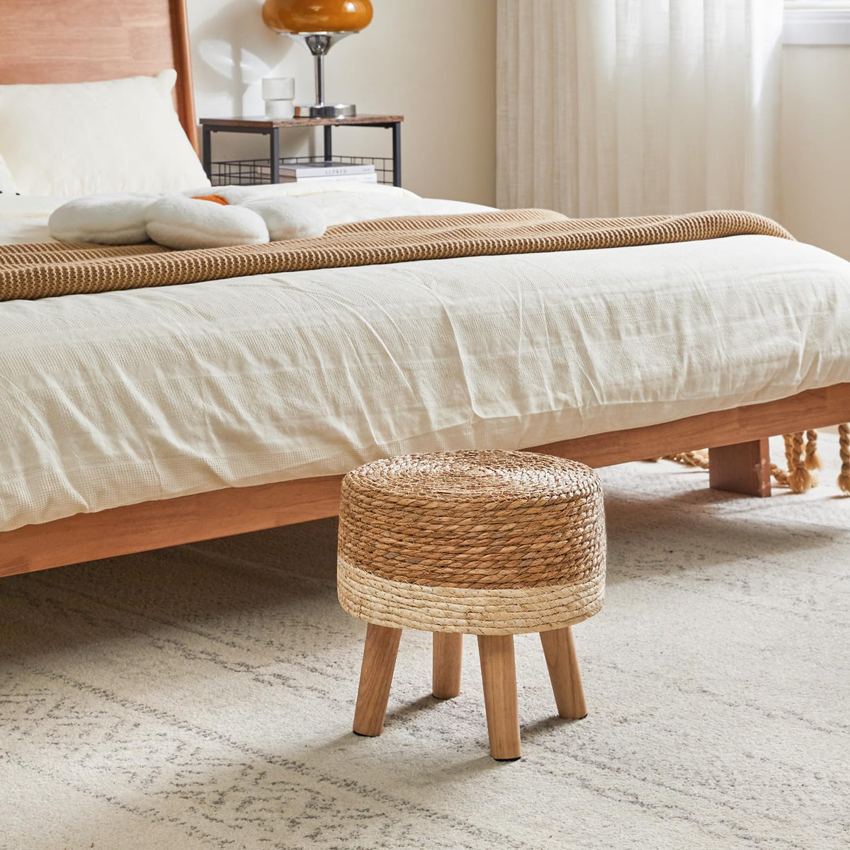 YMYNY Foot Stool Natural Seagrass Hand Weave, 12.6" Small Ottoman, Round Footrest for Living Room, Bedroom, Entryway, Change Shoes Stool, Non-Skid Wood Legs, Boho, Natural+White, UHBD027W