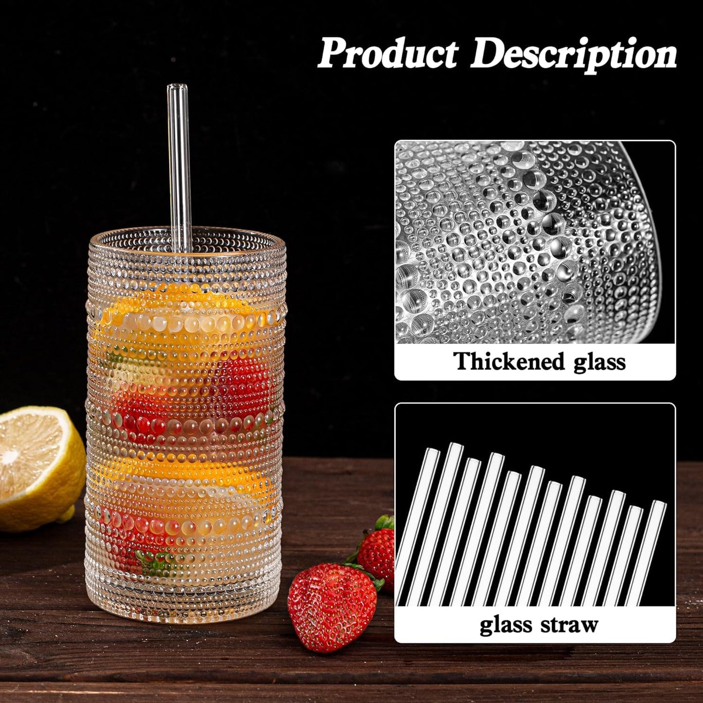 HomeVogue Large Glasses Set of 6,15 oz Hobnail Glassware with Straws, Vintage Glassware Drinking Glasses, Embossed Clear Water Tumbler, for Beer, Cocktail, Whiskey, Juice and Various Mixed Drinks