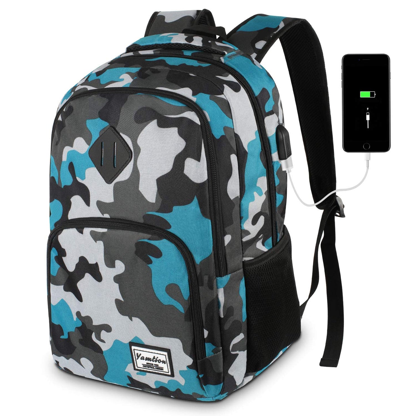 YAMTION 17 Inch School Backpack for Teen Boys,Travel Laptop Bookbag for High School College Backpack with USB,Camouflage Blue