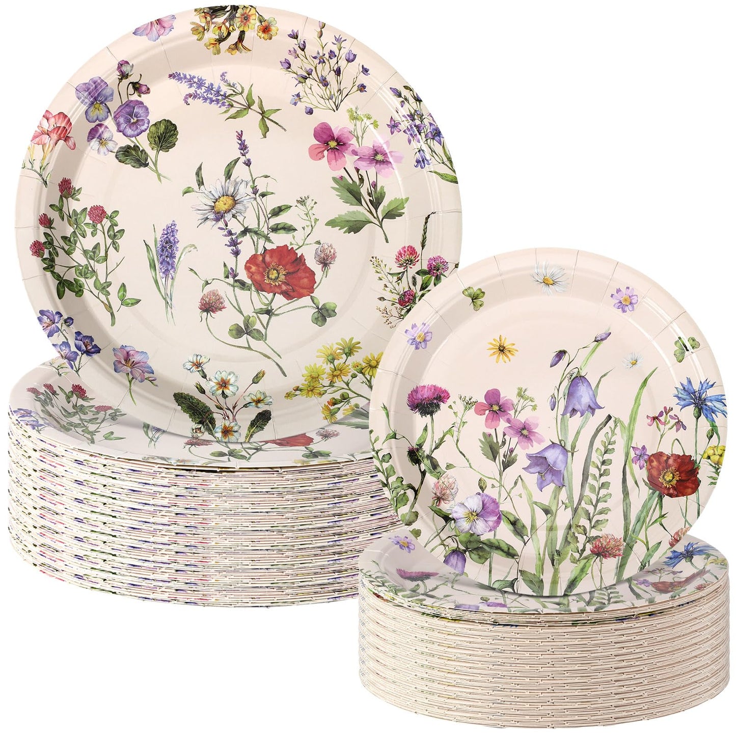 Mumufy 100 Pack Floral Paper Plates 9 & 7 Disposable Wildflower Dessert Plates Dinner Tableware Floral Party Decoration for Easter Garden Spring Tea Party Baby Shower Wedding Birthday Supplies