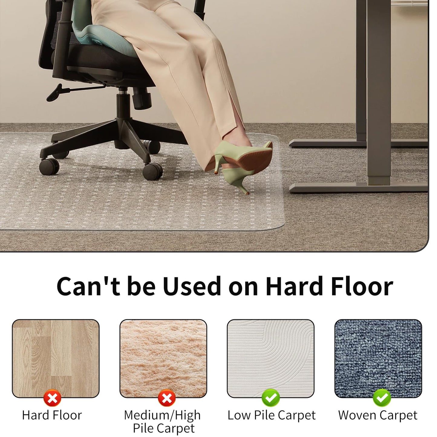 WASJOYE Chair Mat for Carpet, 48" x 60" Office Chair Mat for Carpet, Transparent with Non-Slip Studded for Home and Office