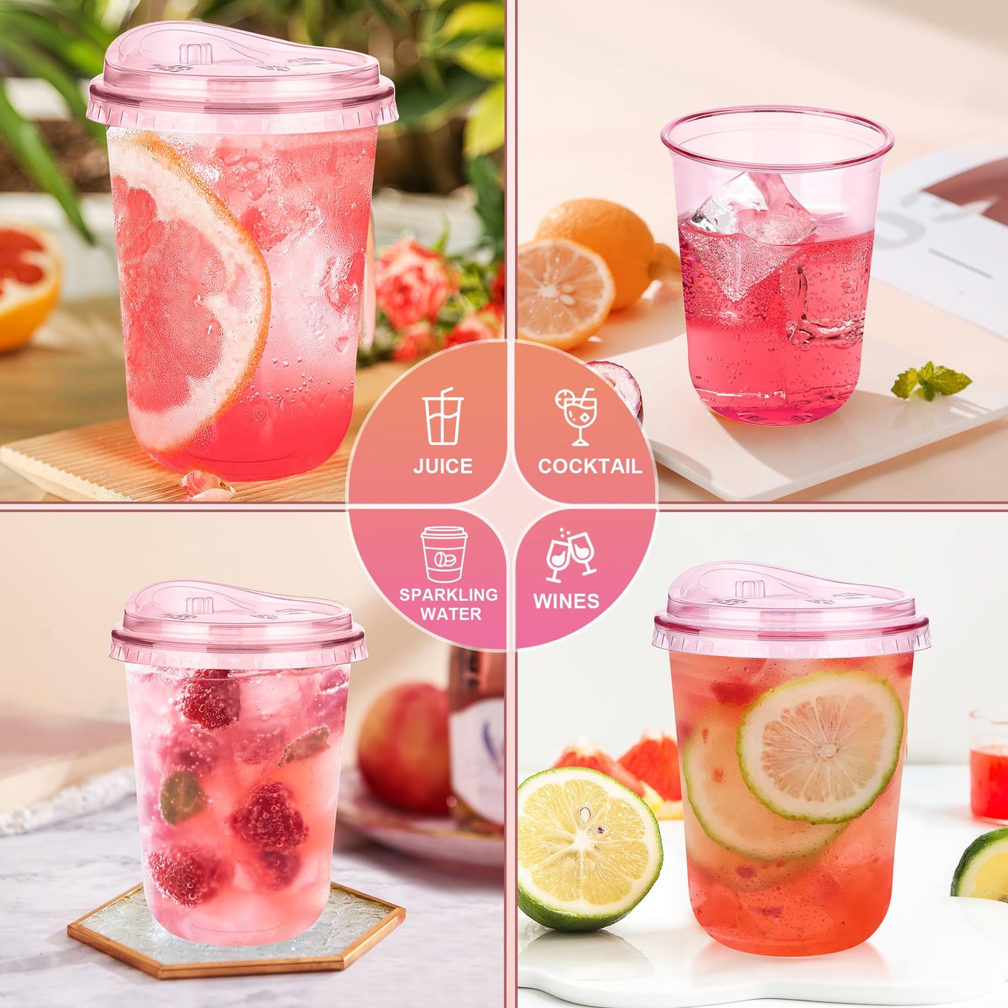 KesaPlan 50 Pack 16 oz Pink Plastic Cups with Sip Lids, Disposable Iced Coffee Cup with Strawless Lid, Round Bottom Stemless To Go Glasses for Cold Drinks Smoothie Milkshake Lemonade